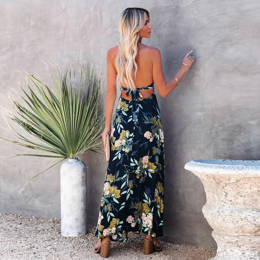 Floral Print Halter V-Neck Backless High Split Maxi Dress 3