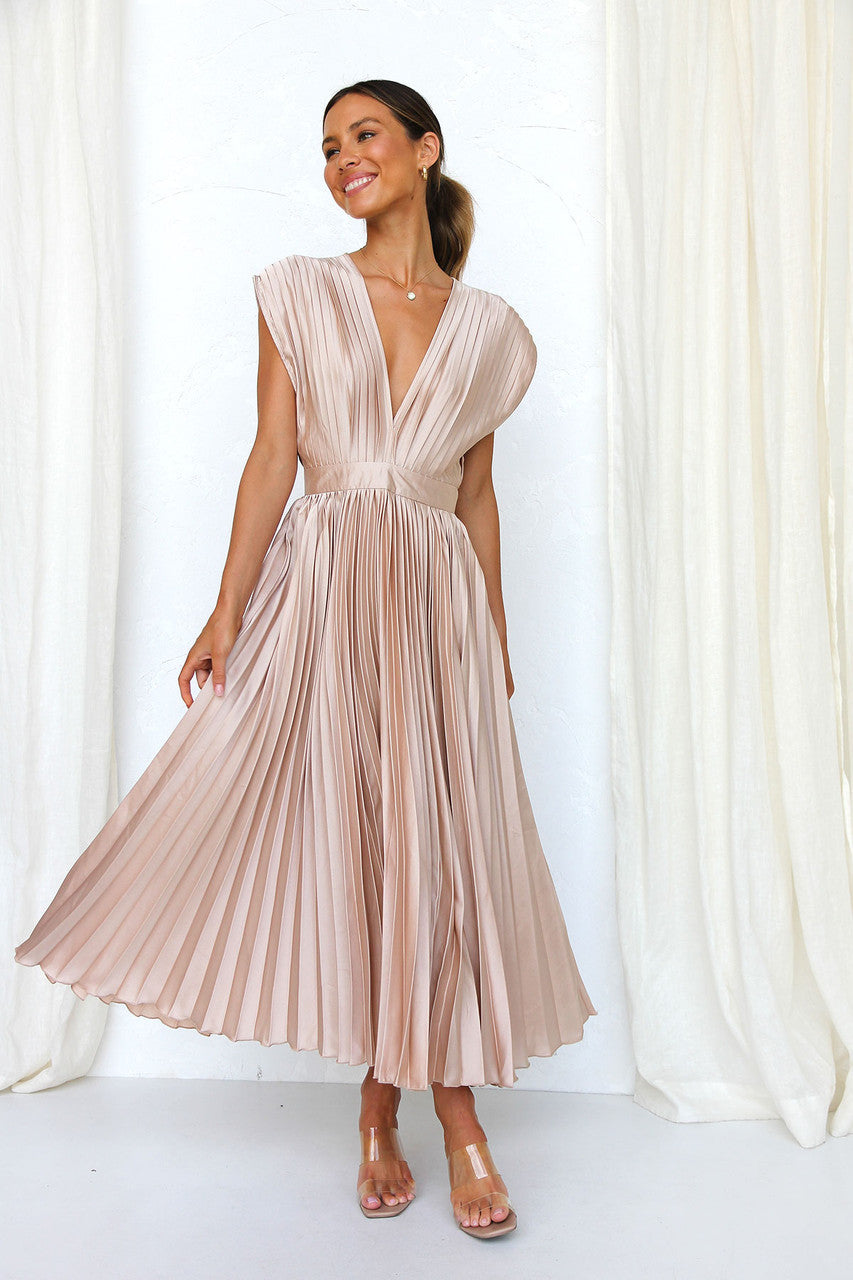 Olivia Statement Long Dress with Deep V Neckline and Bow On the Back Boutique Collection