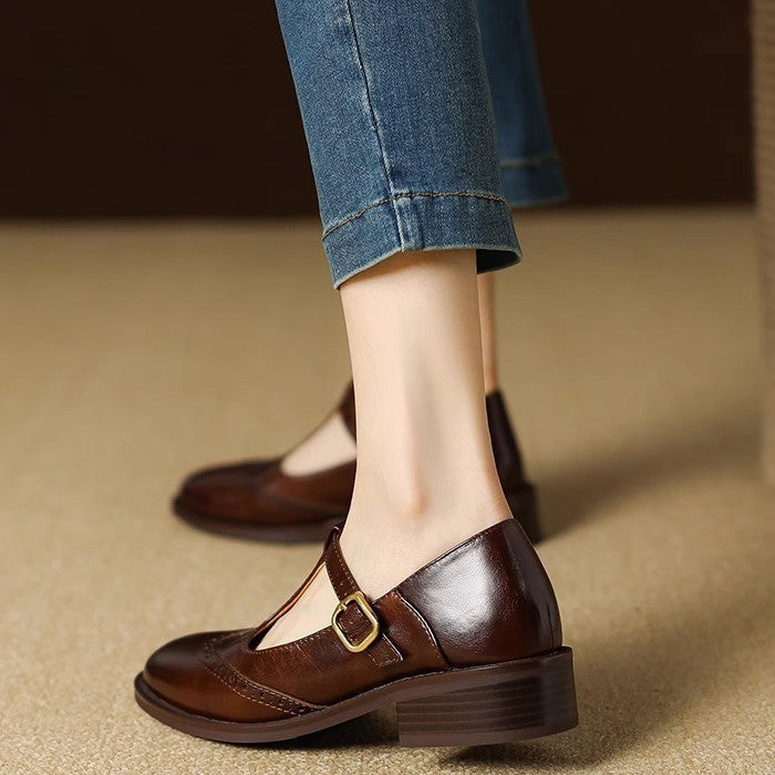 T-Strap Brogue Block Heel Mary Jane Pumps