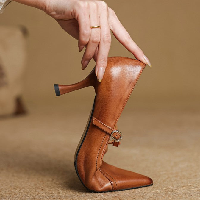 Pointed Toe T-Strap Buckle Stiletto Pumps