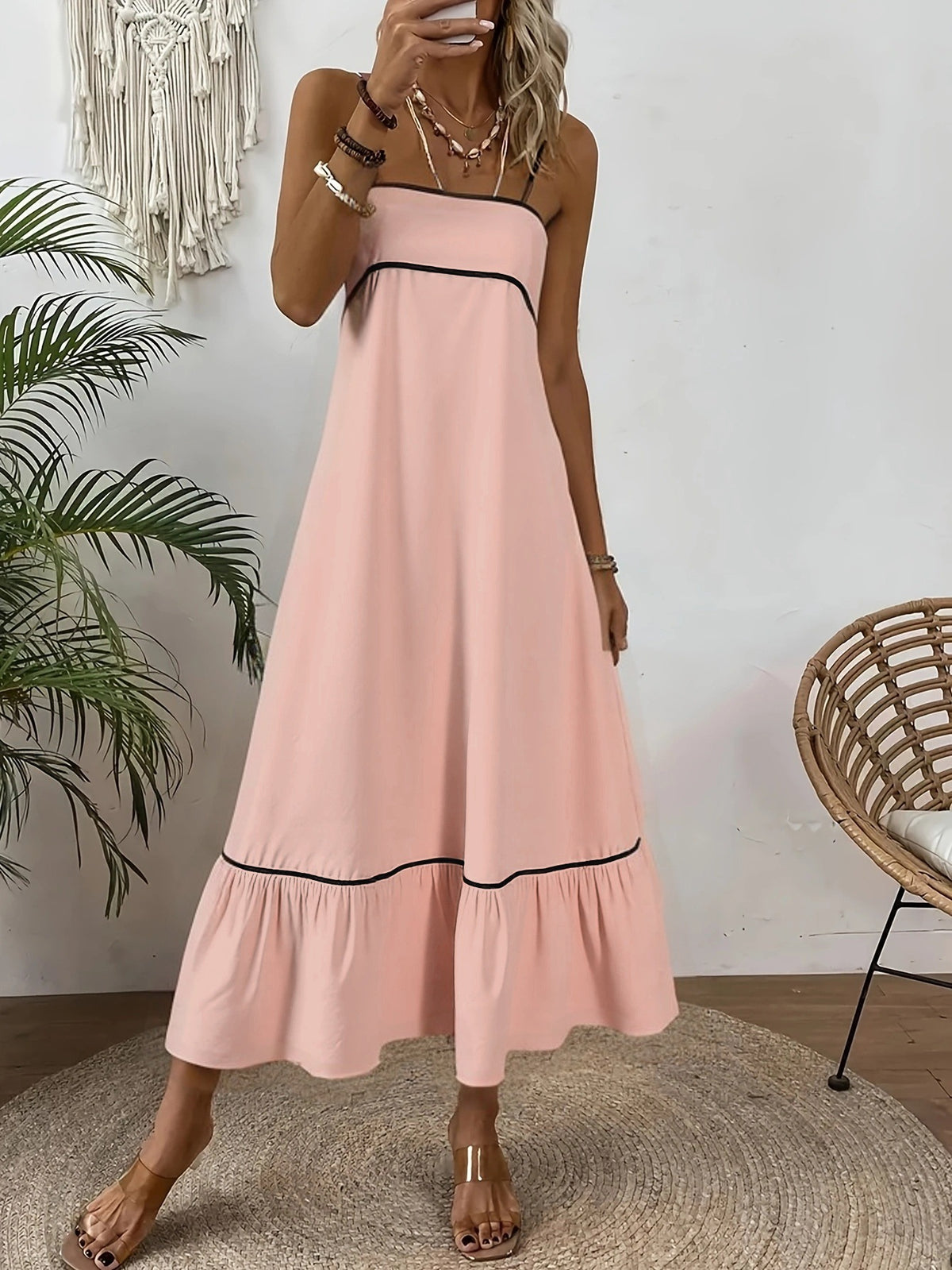 Contrast Piping Square Neck Cami Ruffle Hem Maxi Dress 4