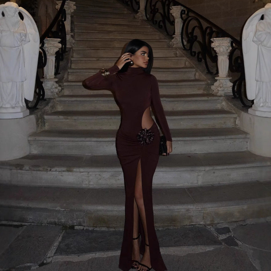 Mock Neck Long Sleeve Cut Out Rosette High Split Maxi Dress