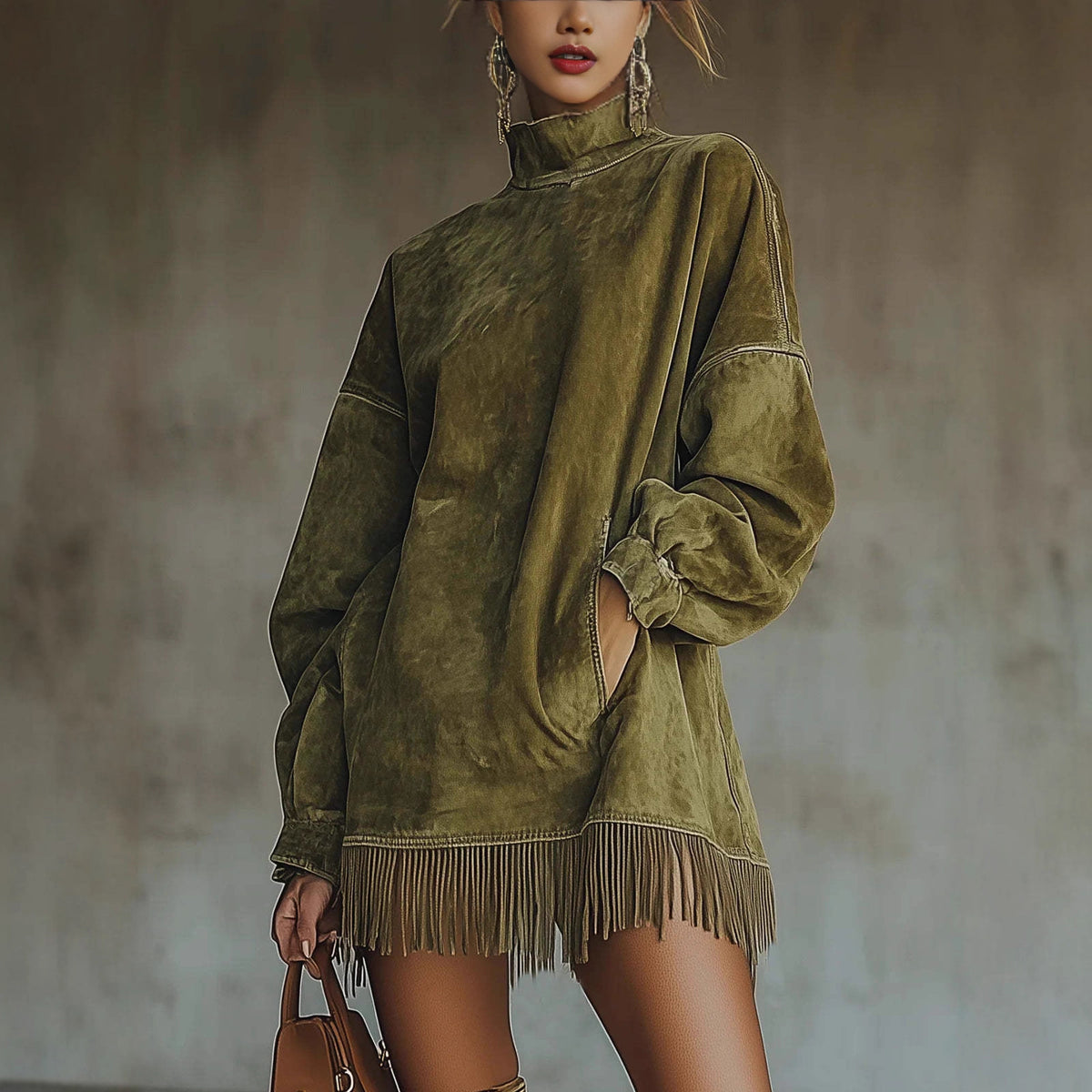 High Collar Loose Pocket Tassel Long Sleeve Suede Dress