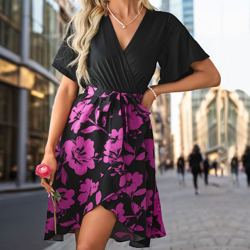 Summer Women Floral Printing Stitching Irregular Asymmetric Dress