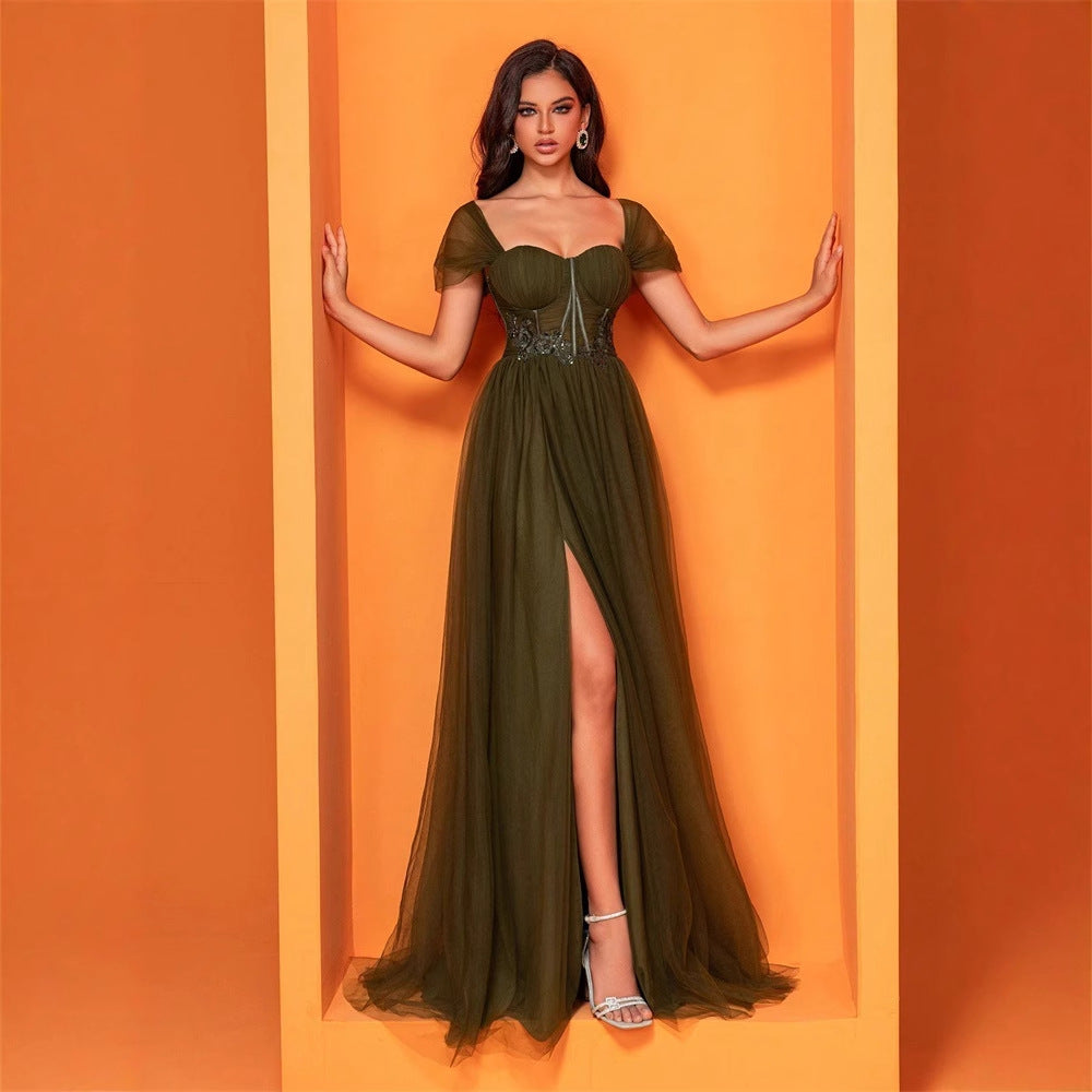 Chiffon Green Split Dress Long Slim Fishtail Bridesmaid Cocktail Evening Dress Women