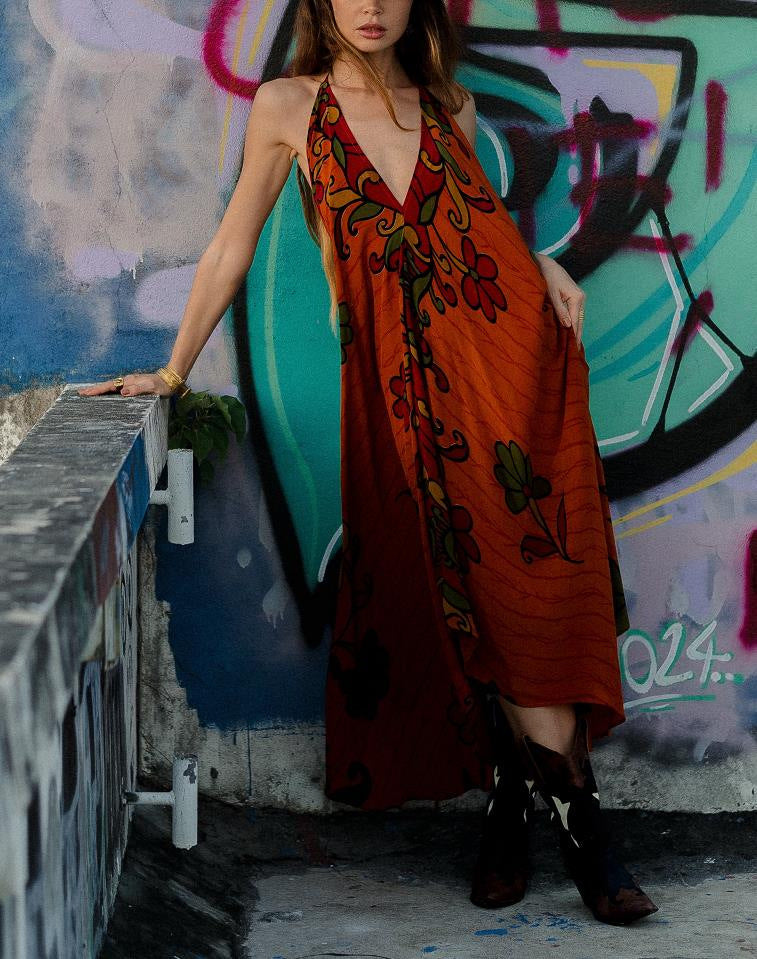 Tie Dye Deep V-Neck Sleeveless Backless Asymmetric Hem Midi Dress 7