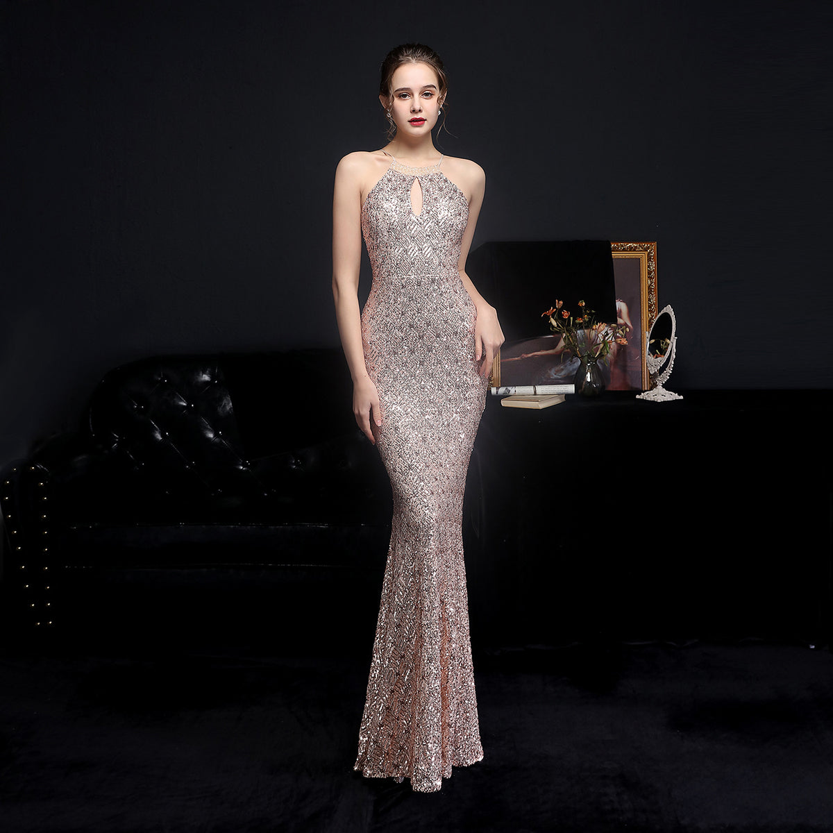 Sequin Halter Neck Keyhole Front Mermaid Evening Gown