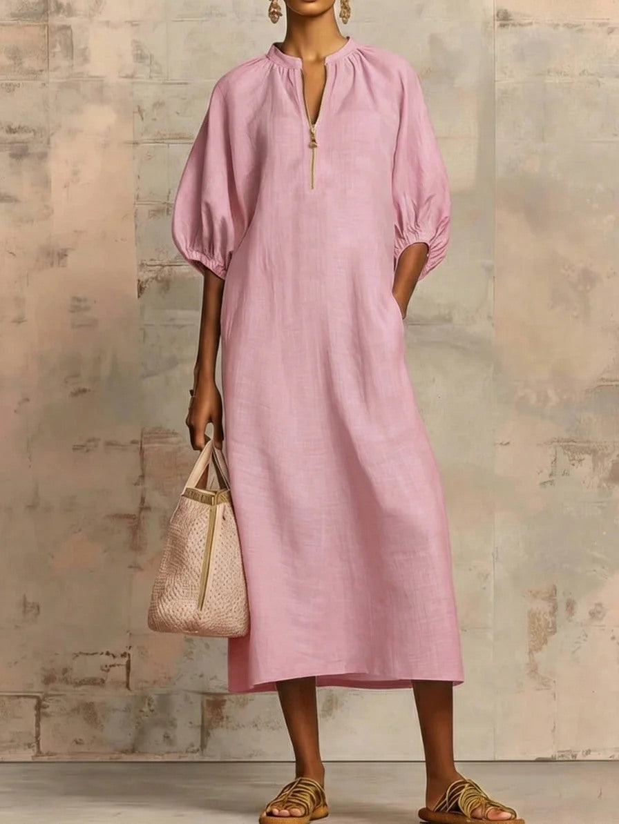 V-Neck Puff Sleeve Loose Linen Midi Dress Summer 7
