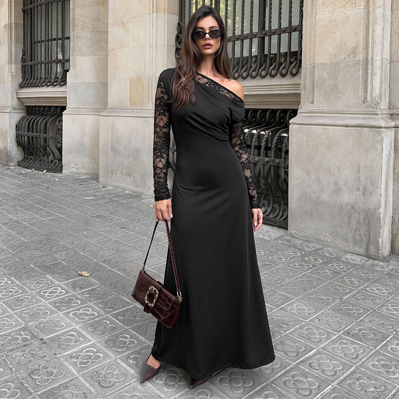 Sexy Romantic Wind Black Oblique Shoulder Lace Long Sleeve Dress