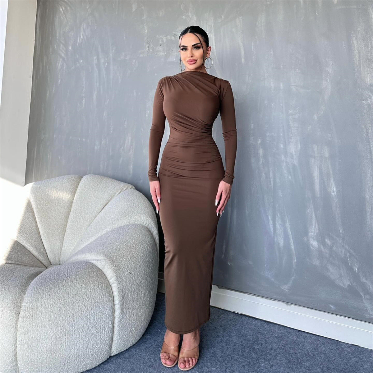 Autumn Winter Solid Color Round Neck Long Sleeve Sexy Dress Women Clothing Dress