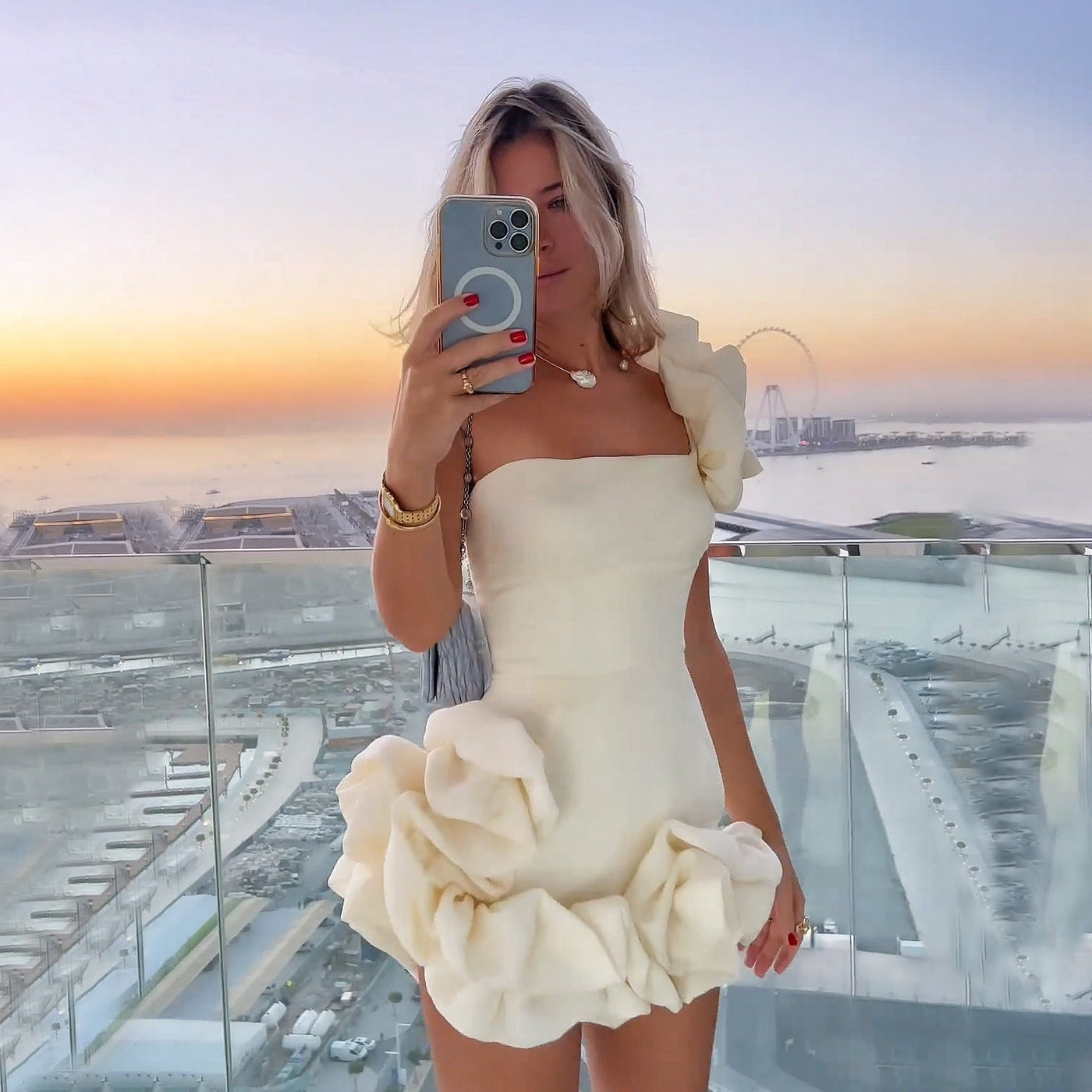 Square Neck Petal Ruffle Hem Bodycon Mini Dress