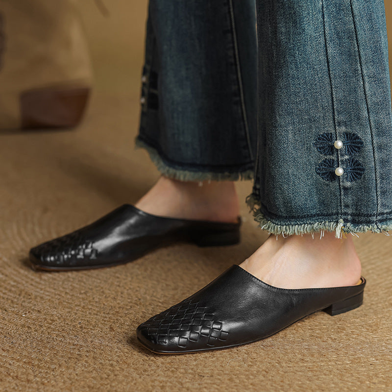 Woven Square Toe Flat Mules