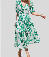 Abstract Print V-Neck Puff Sleeve Smocked Waist Midi Dress 9