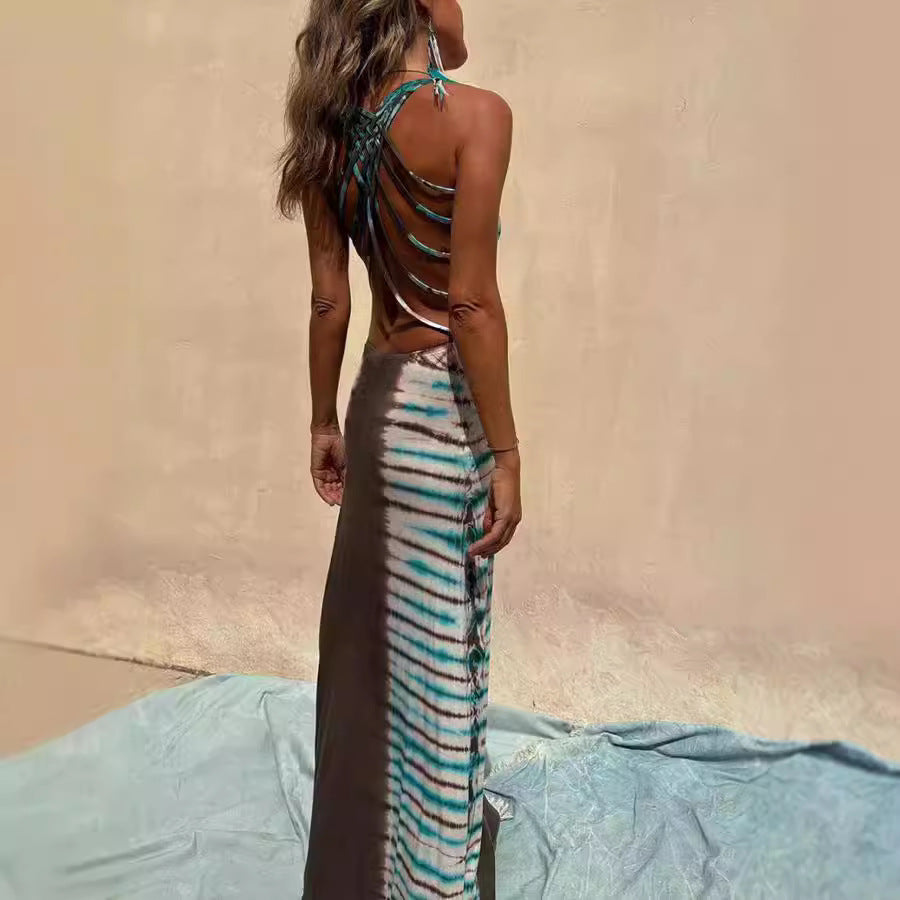Dress Positioning Printing Backless Lace Up Sexy Dress