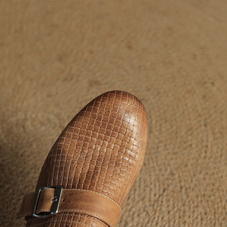 Croc Print Square Toe Buckle Flat Mules