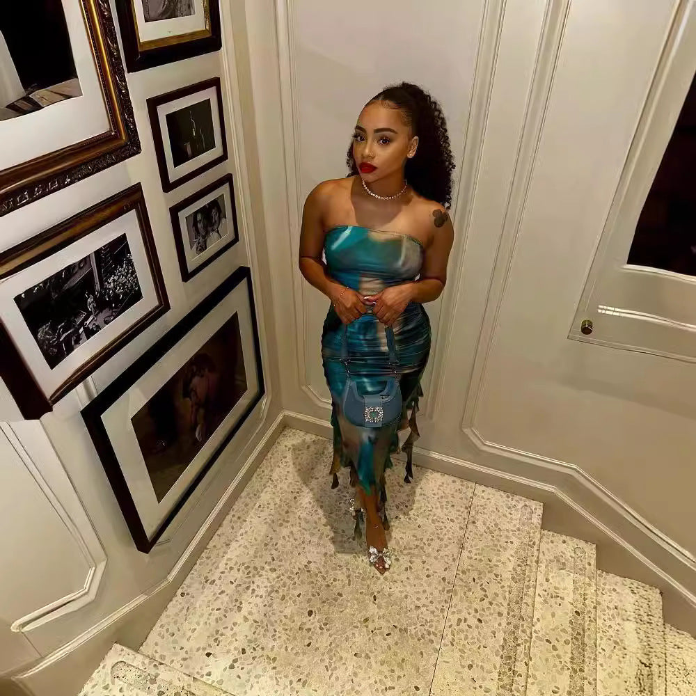 Women Clothing Spring Summer Printed Wrapped Chest Slit Ruffled Dress