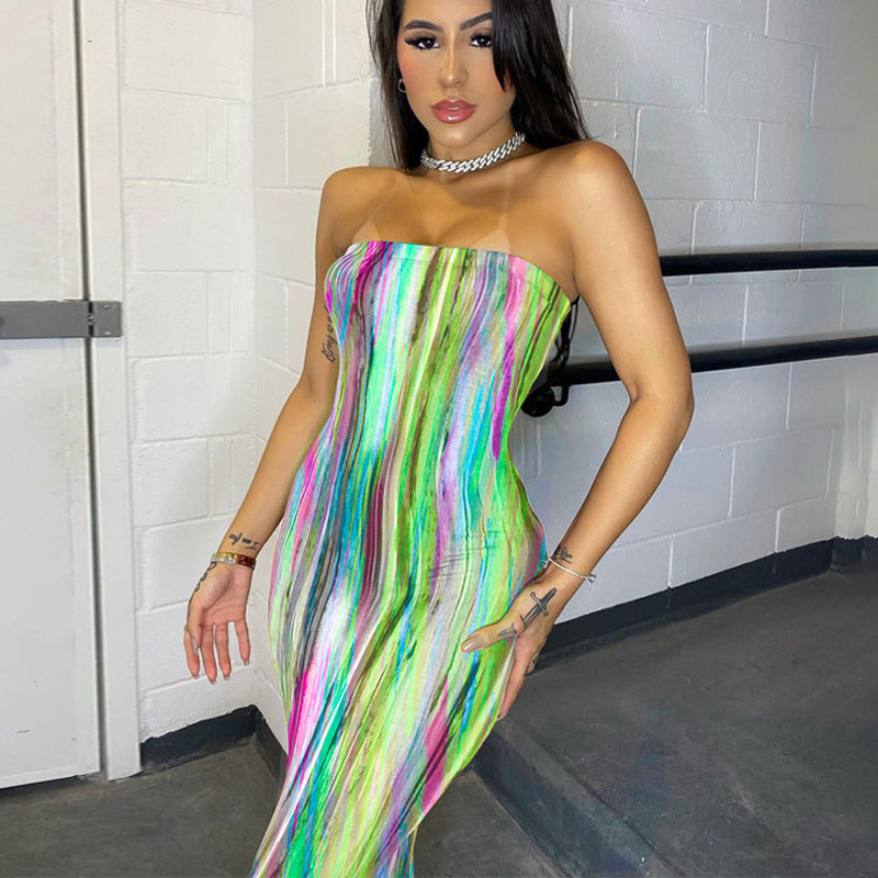 Vertical Stripe Print Strapless Tube Bodycon Maxi Dress 10