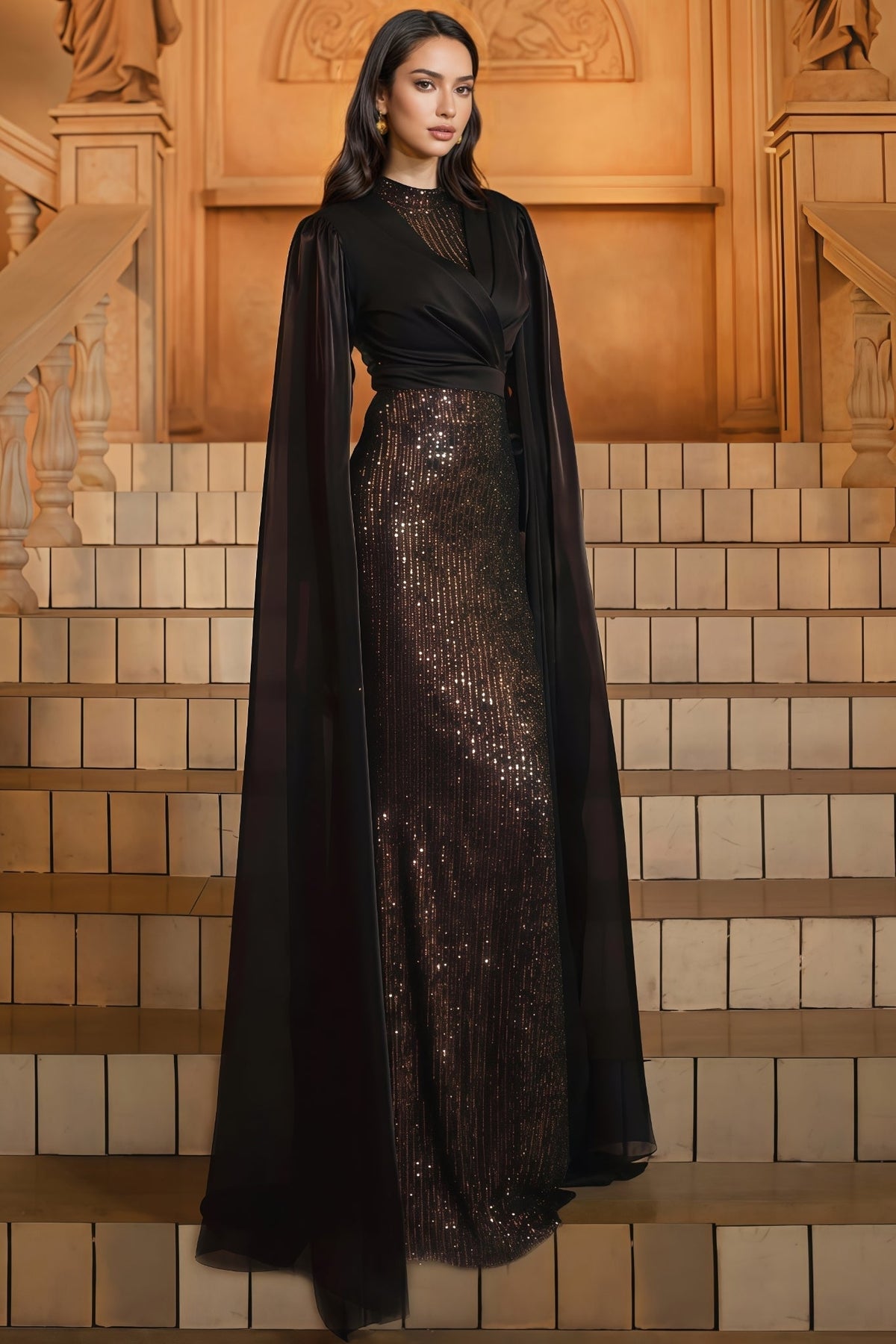 Sequin Mock Neck Wrap Bodice Sheer Cape Sleeve Maxi Gown 7