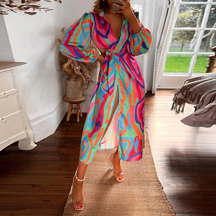 Abstract Print Collared Button Front Tie Waist High Split Maxi Shirt Dress 3
