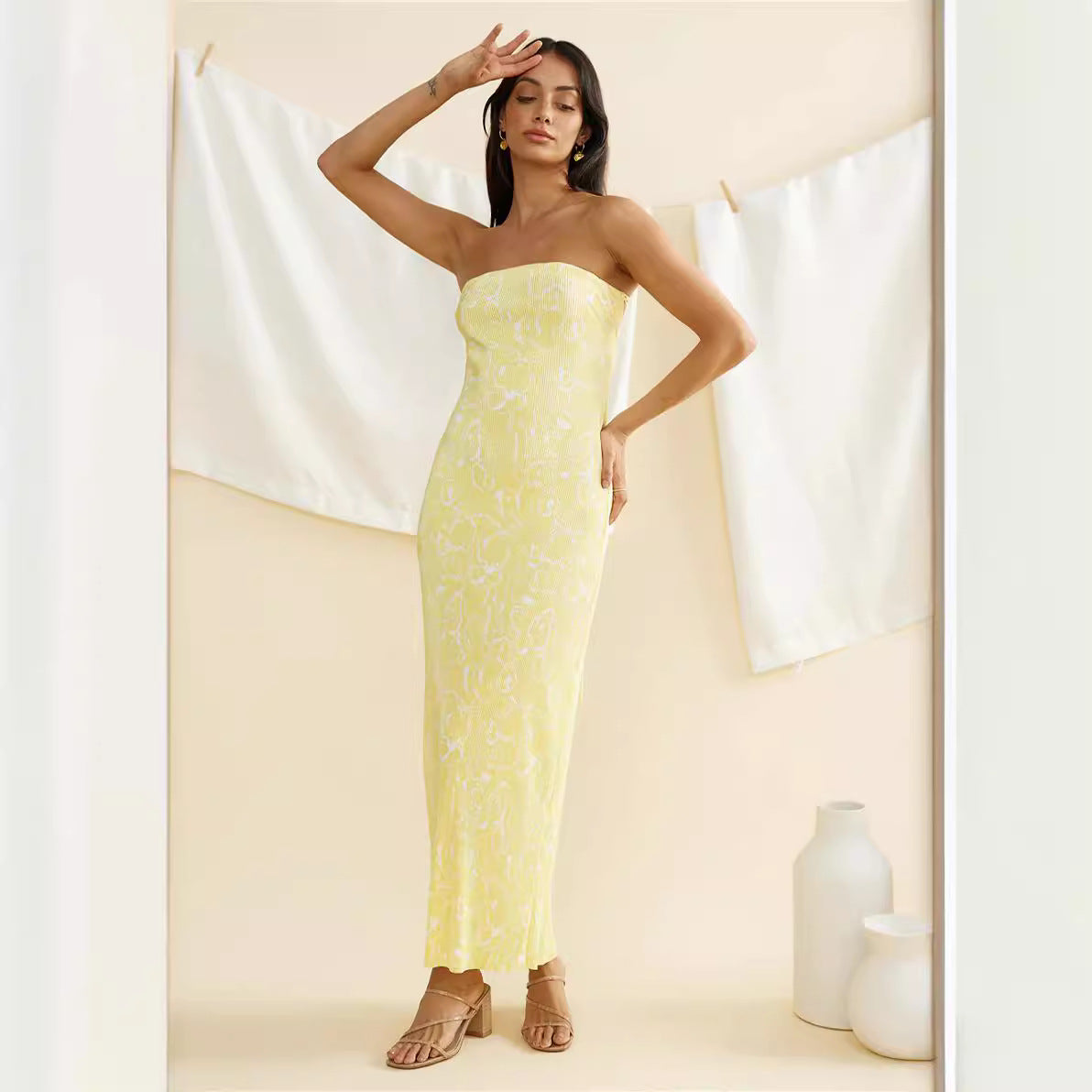 Spring Summer Women Tube Top Printed Pleated Drape Self Tie Dress