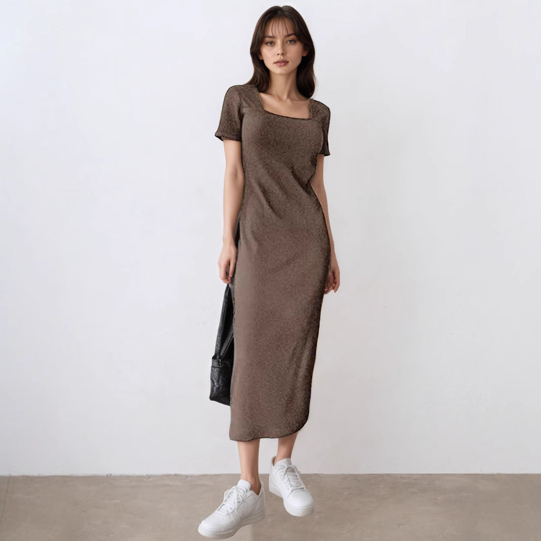 Summer Women Clothing Slim Fit Square Collar Slimming Short Sleeve Dress