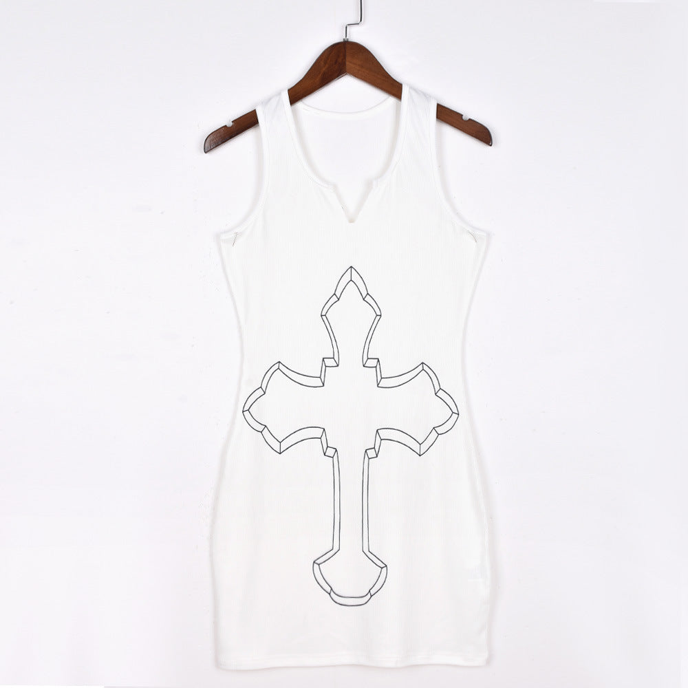 Cross Graphic Print Notch Neck Sleeveless Bodycon Mini Dress 5