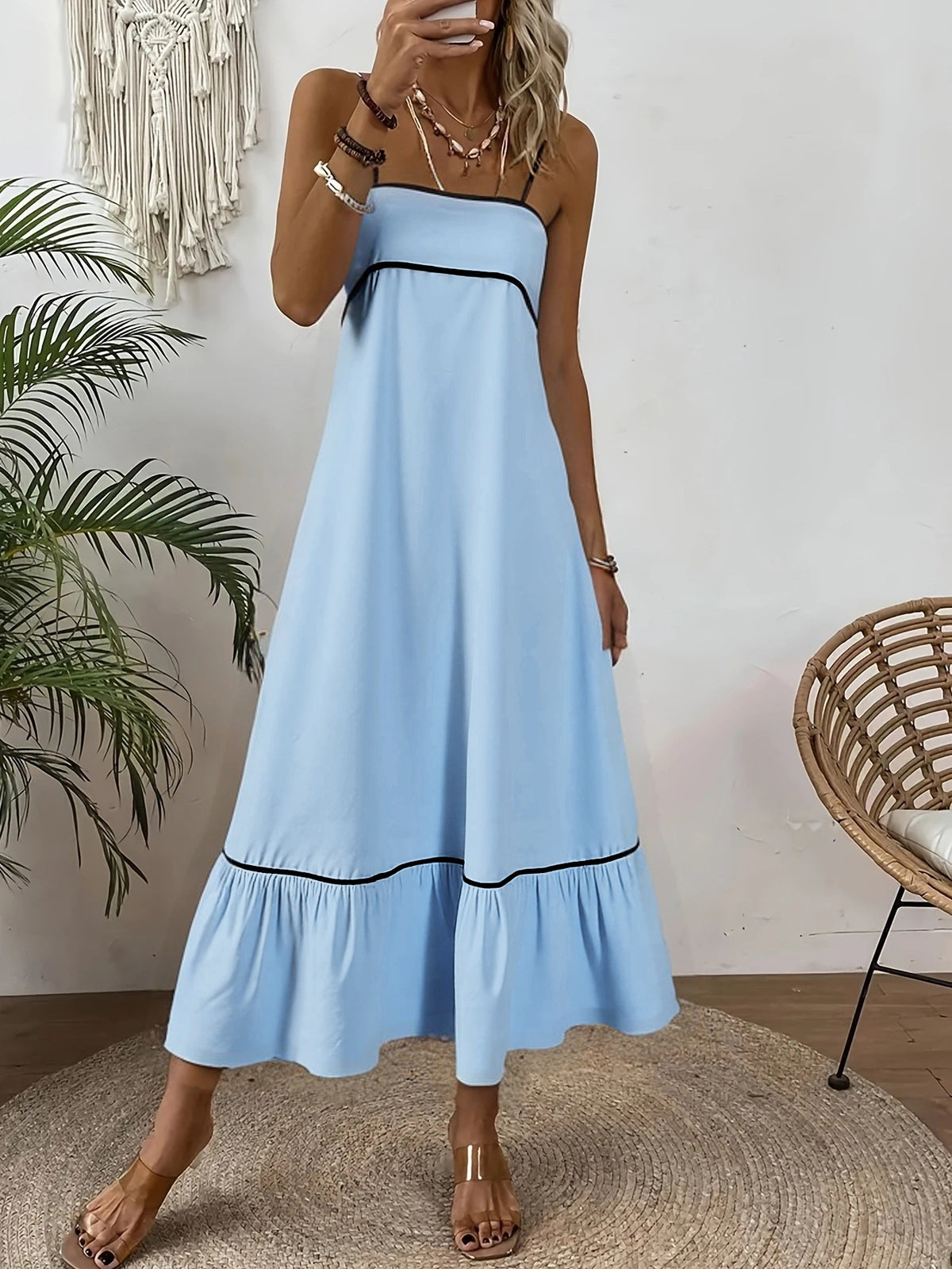 Contrast Piping Square Neck Cami Ruffle Hem Maxi Dress 3