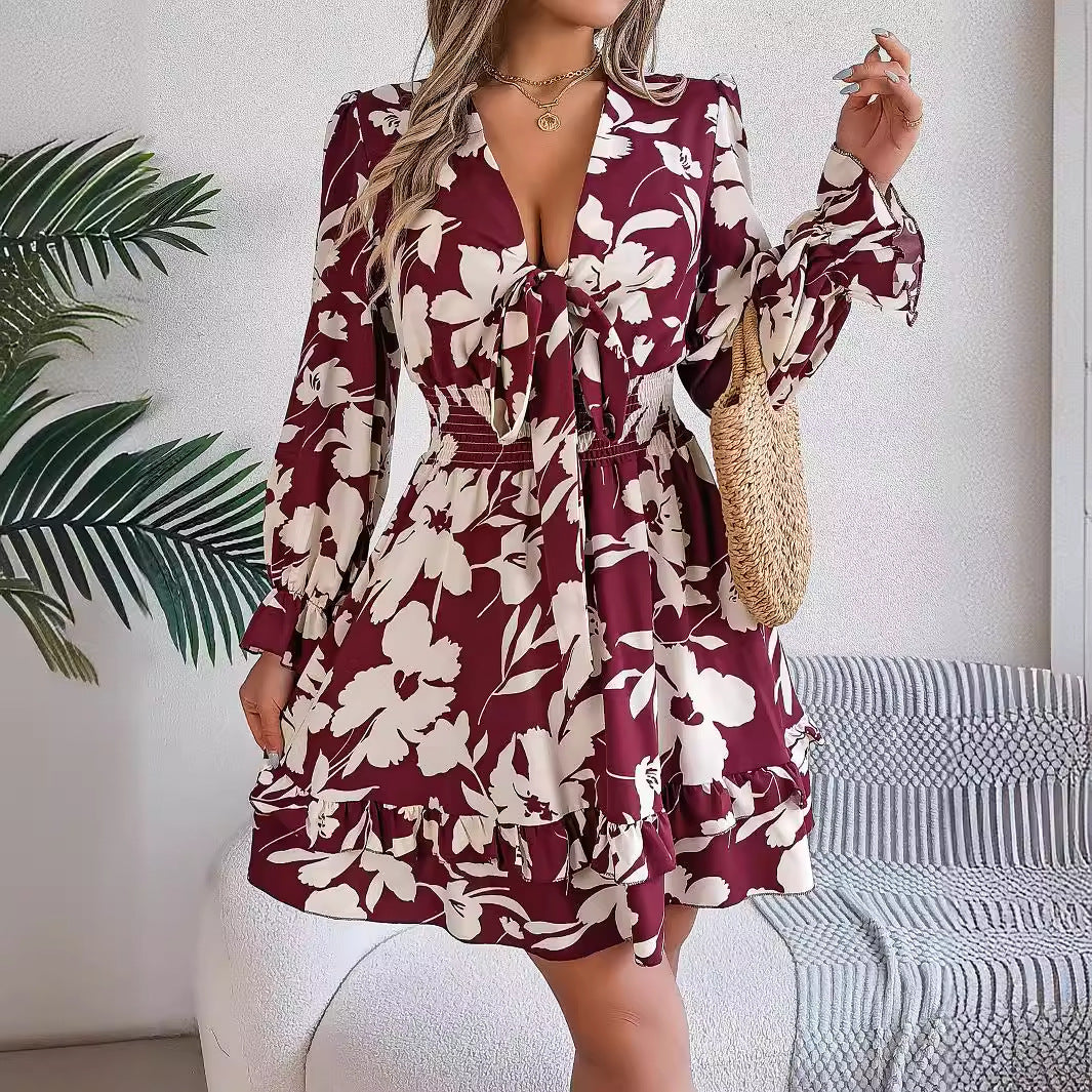 Floral Print Deep V-Neck Tie Front Long Sleeve Smocked Waist Ruffle Mini Dress 3