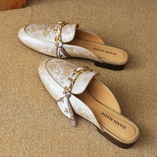 Floral Jacquard Chain Detail Pointed Toe Flat Mules
