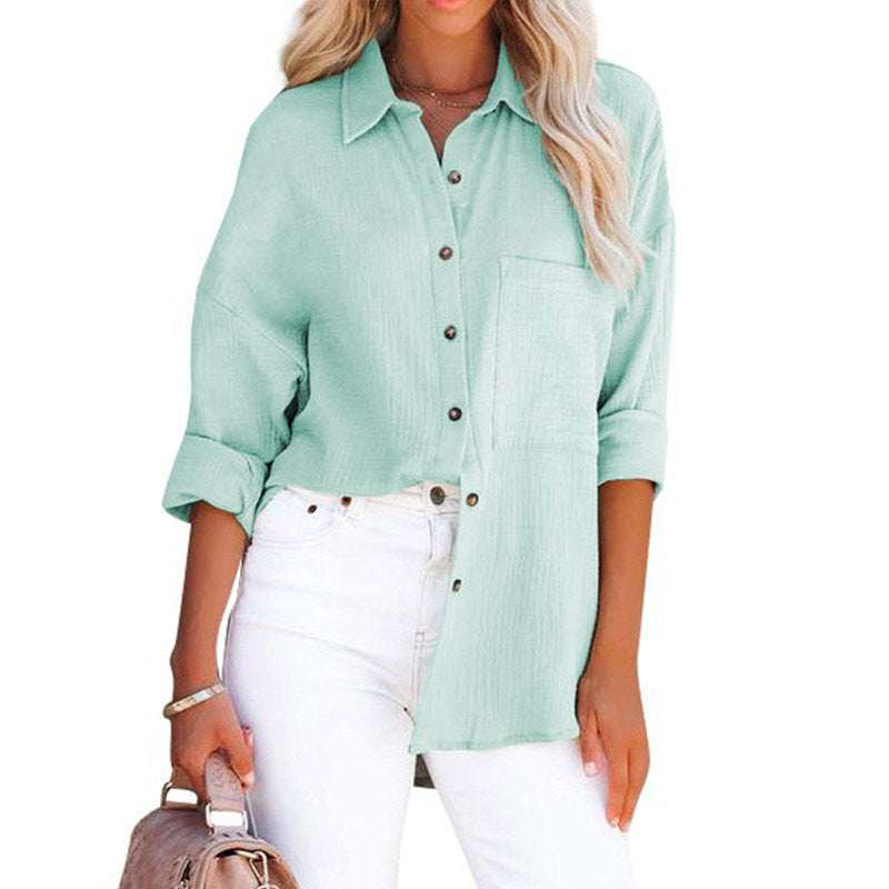 Collared Long Sleeve Button Down Textured Pocket Shirt