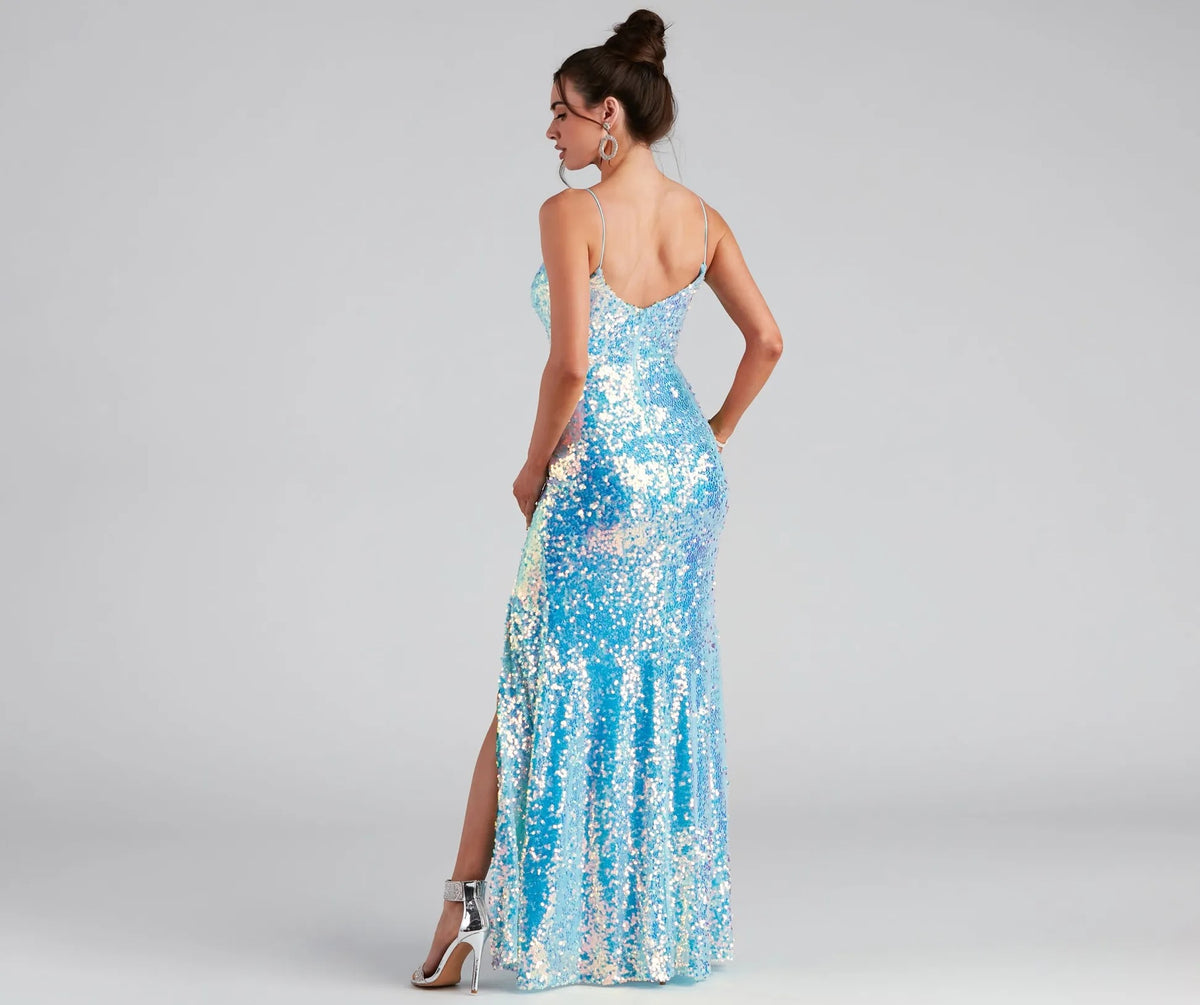 Sequin V-Neck Spaghetti Strap High Split Column Maxi Gown 4