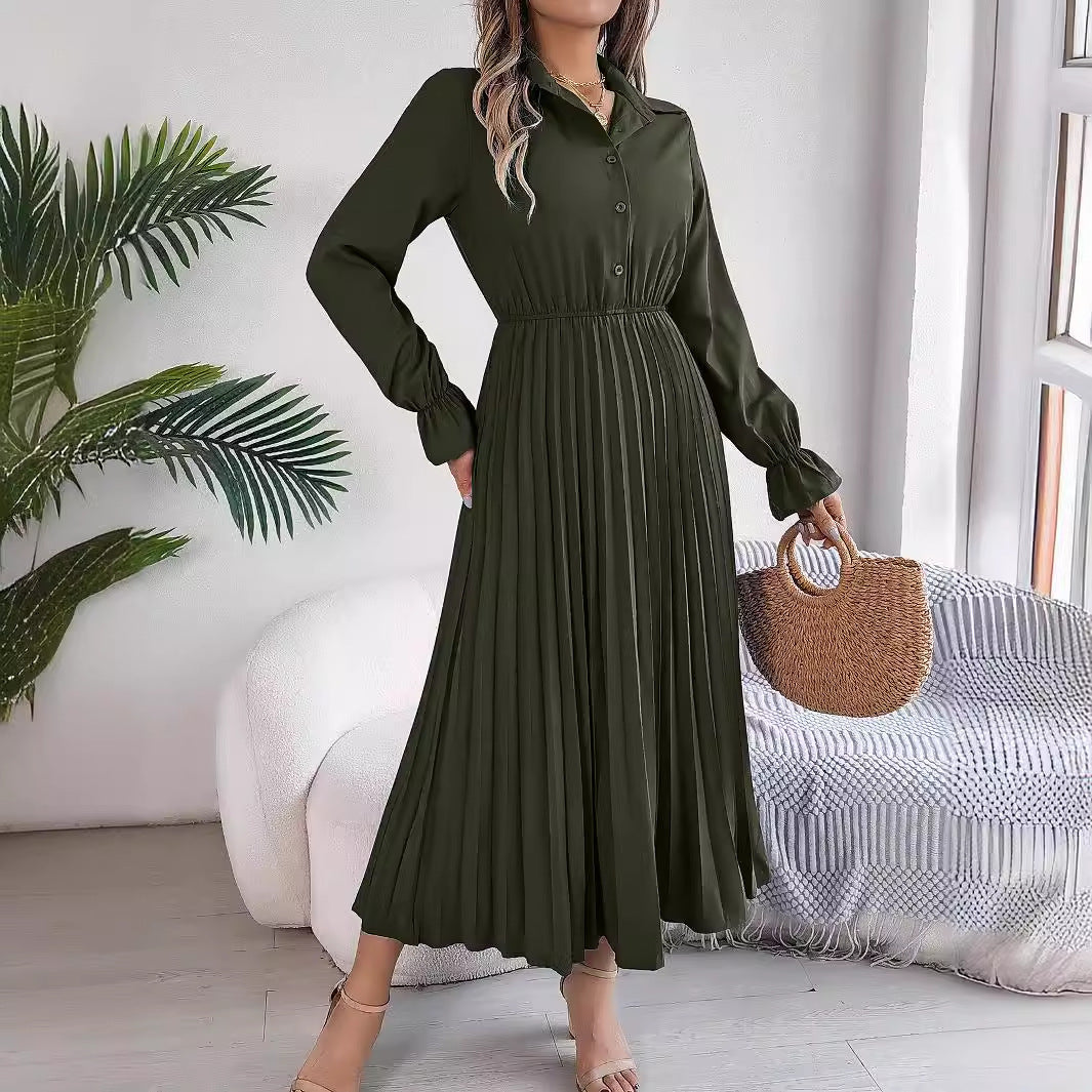 Collared Button Front Ruffle Cuff Long Sleeve Pleated Midi Shirt Dress 2