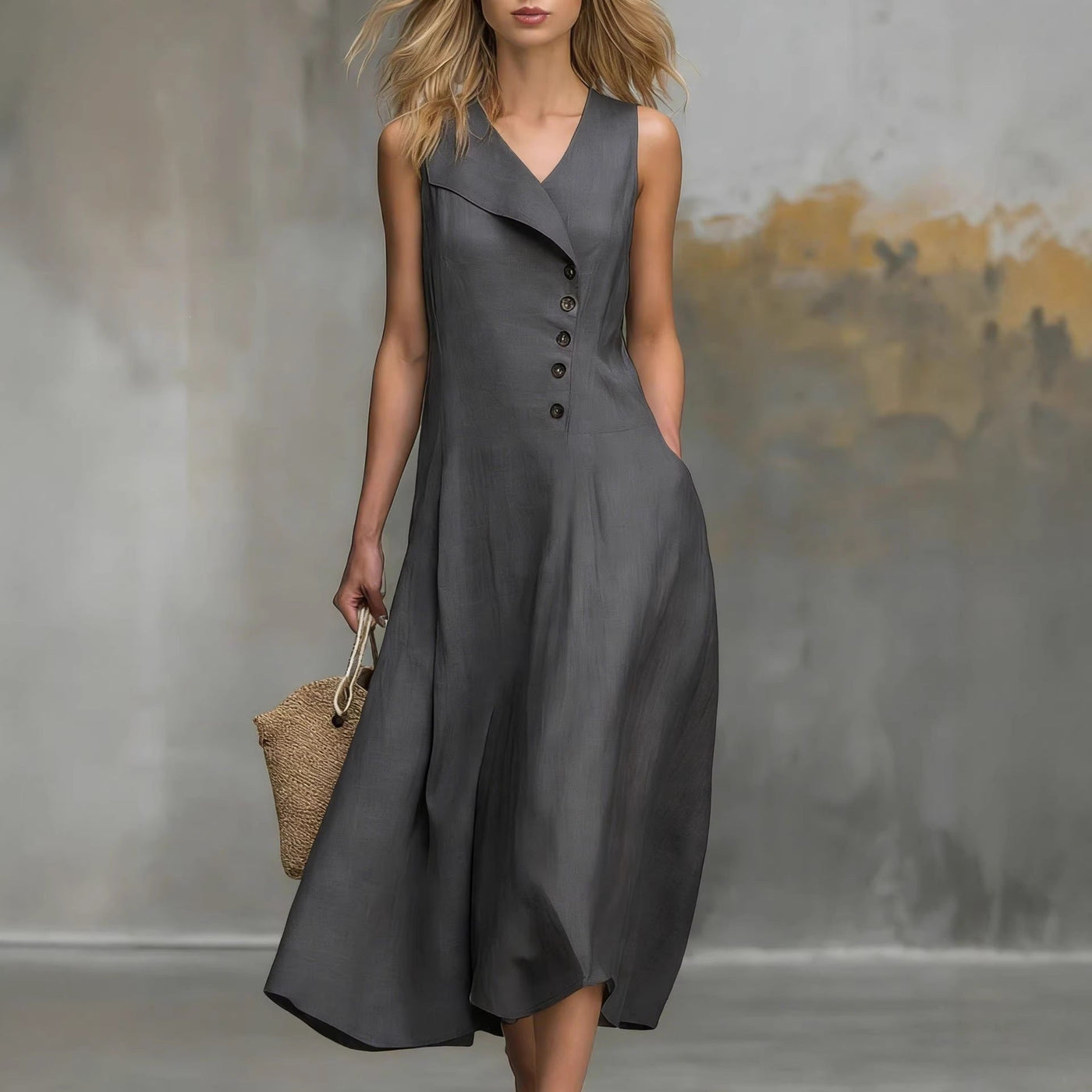 Sleeveless Lapel Button Front A-Line Linen Midi Dress 2