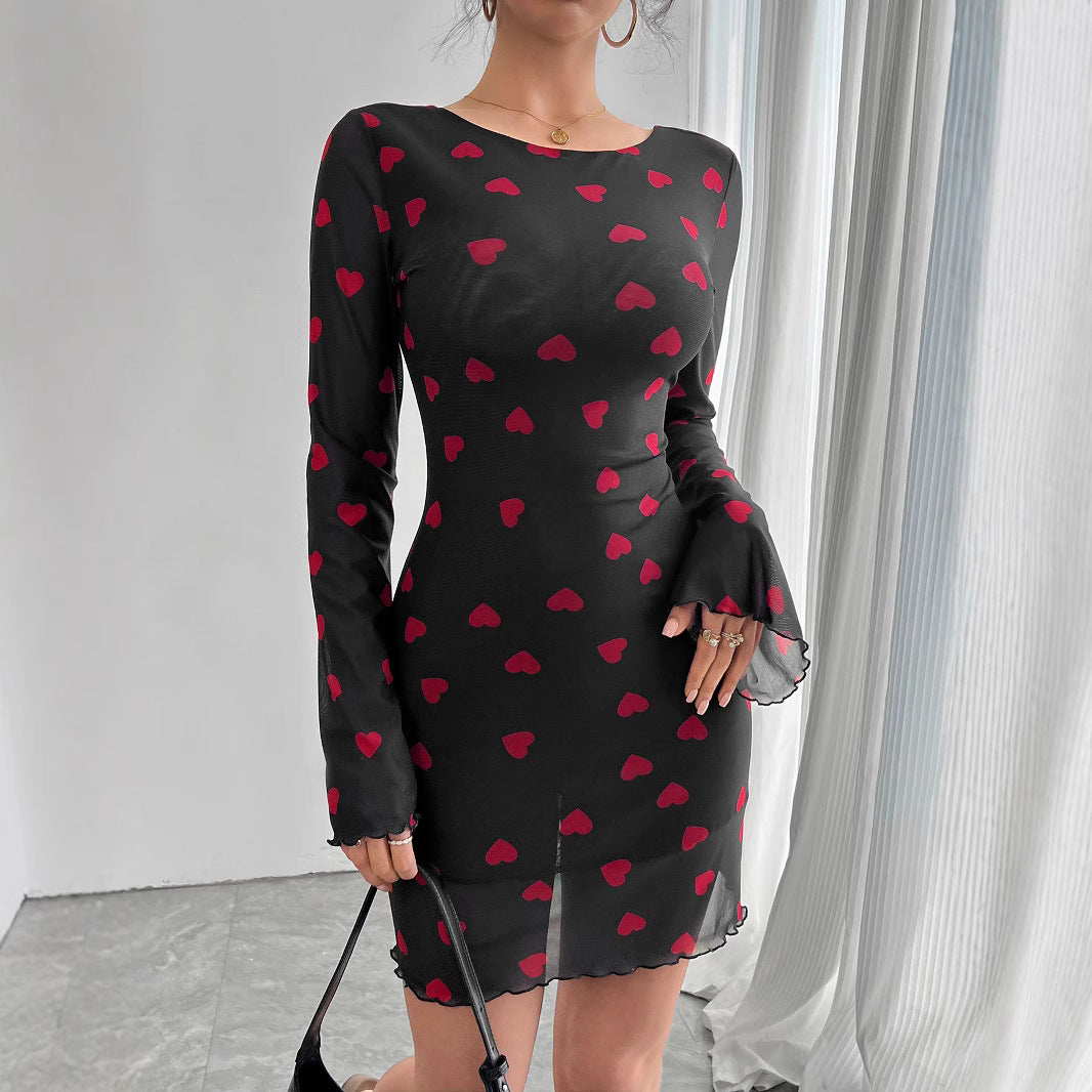 Spring Summer Ladies Heart Printing Bell Sleeve Backless Mesh Dress