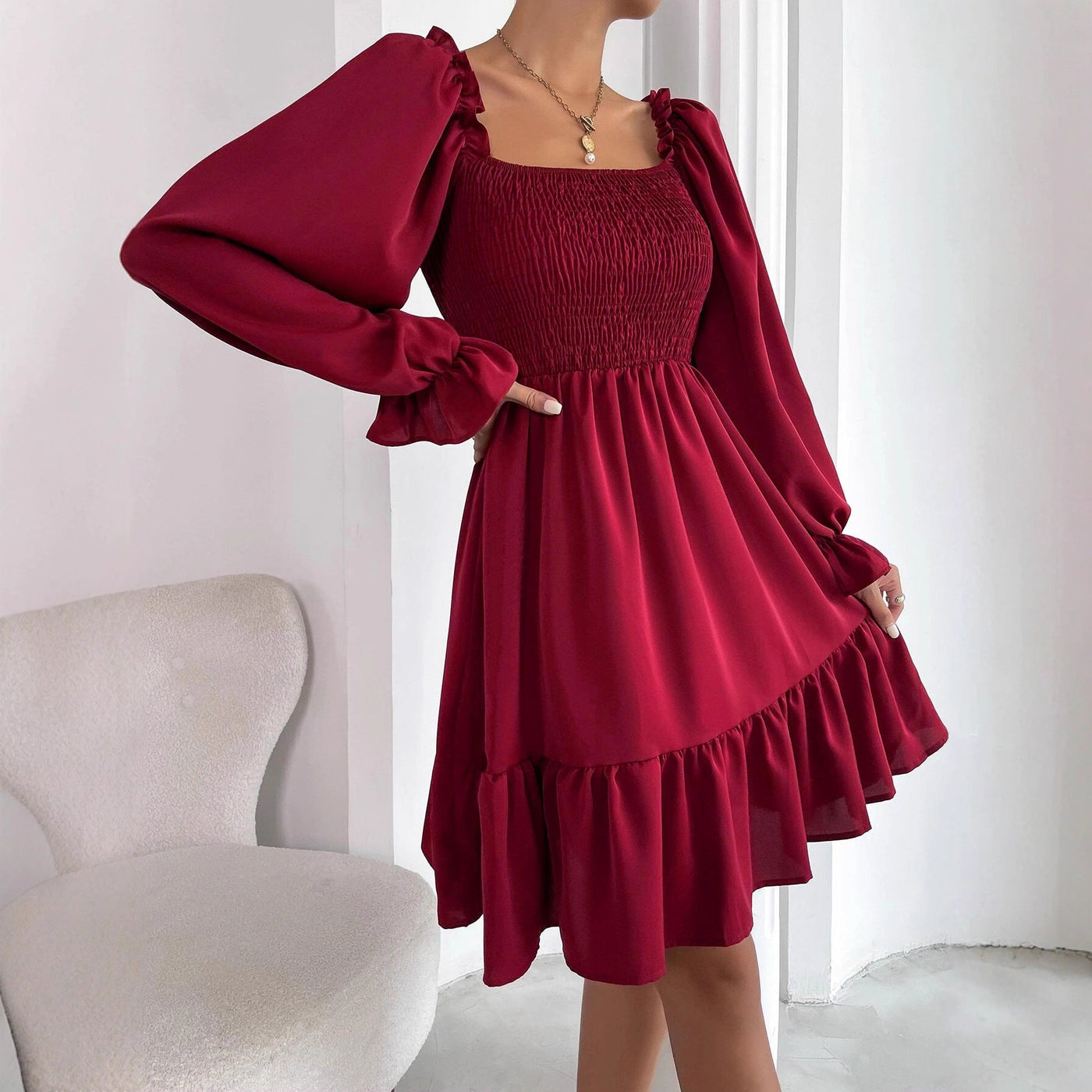 Square Neck Long Sleeve Smocked Tiered Mini Dress 4