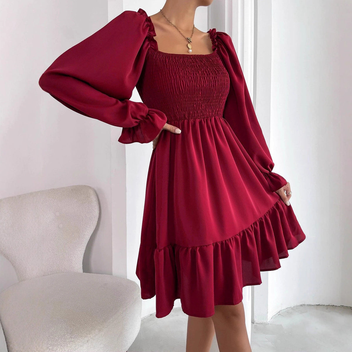 Square Neck Long Sleeve Smocked Tiered Mini Dress 4