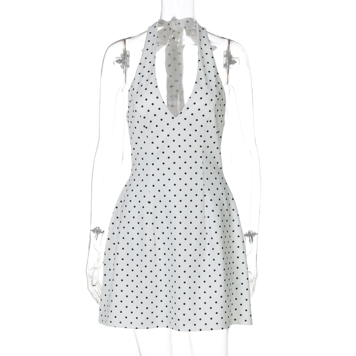 Polka Dot Halter Neck V-Neck Backless Fit and Flare Mini Dress 2