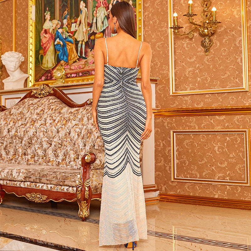 Sequin Chevron Deep V-Neck Mesh Insert Spaghetti Strap Mermaid Gown