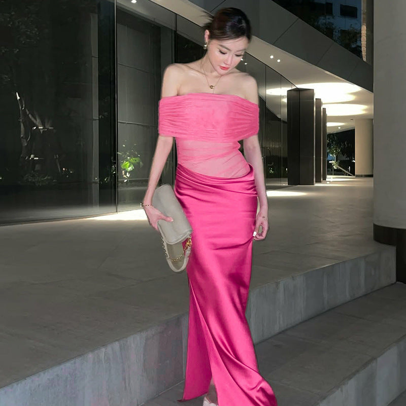 Satin Off Shoulder Ruched Mesh Panel Side Split Maxi Dress 2