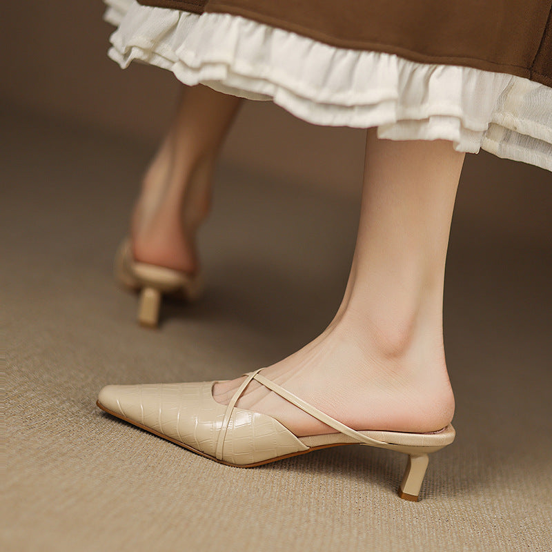 Pointed Toe Croc Look Kitten Heel Slingback Mules