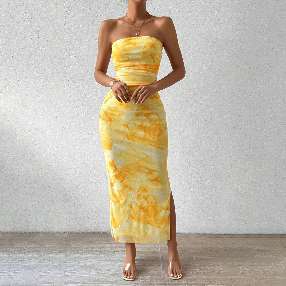 Tie Dye Print Mesh Strapless Ruched Side Split Bodycon Maxi Dress