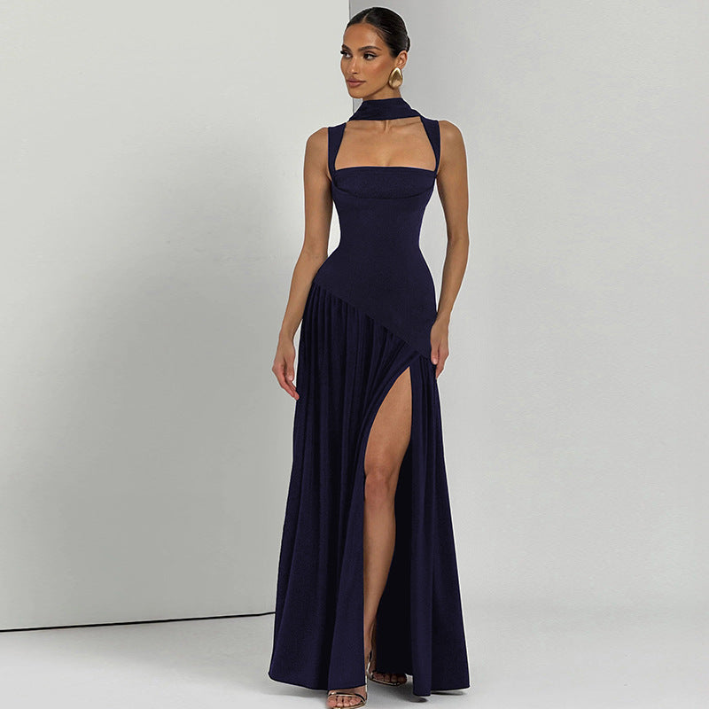 Square Neck Sleeveless Scarf Neck Asymmetric Waist High Split Maxi Dress 4