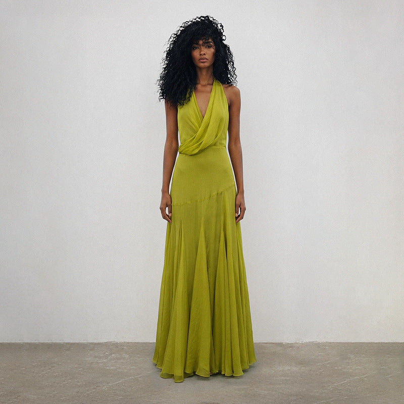Sexy Vacation Maxi Dress Halter Deep V Plunge neck Backless Fitted High Waist Dress Women