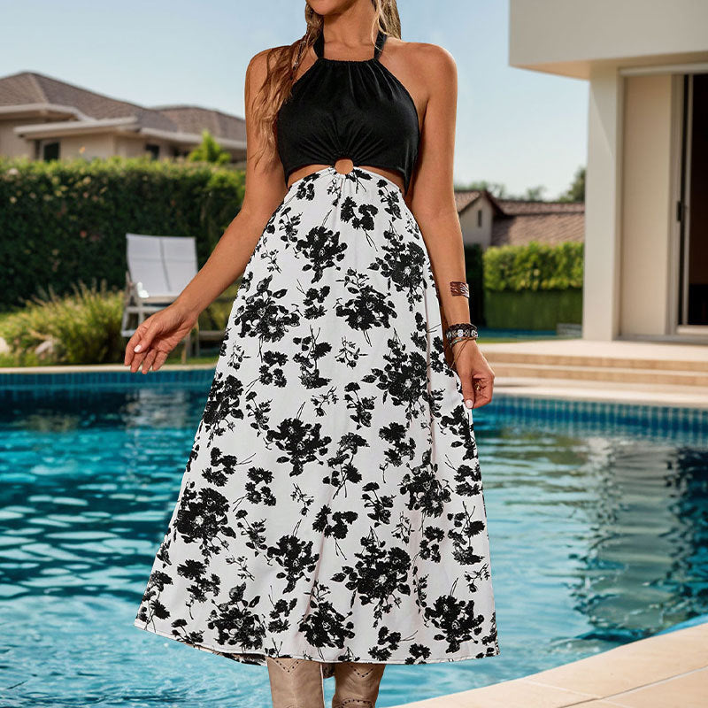 Floral Print Halter Neck Ring Cut Out Contrast Bodice A-Line Midi Dress