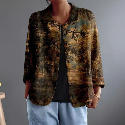 Scenic Forest Print Open Front Collared Jacket