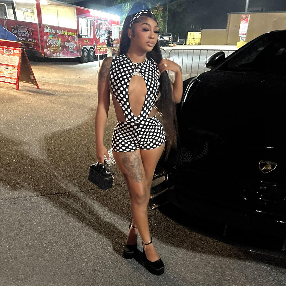 Winter Women Clothing Dot Sexy Hollow Out Cutout out Cropped Jumpsuit Shorts Two Piece Sets