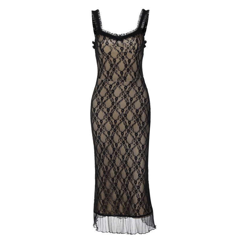 Lace Spaghetti Strap Ruffle Trim Bodycon Midi Dress 5