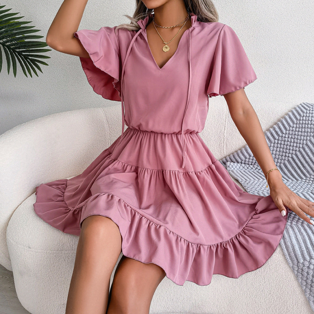 Tie Neck V-Neck Flutter Sleeve Tiered Ruffle Hem Mini Dress 2