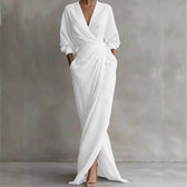 Deep V-Neck Long Sleeve Wrap Ruched High Split Maxi Dress 2
