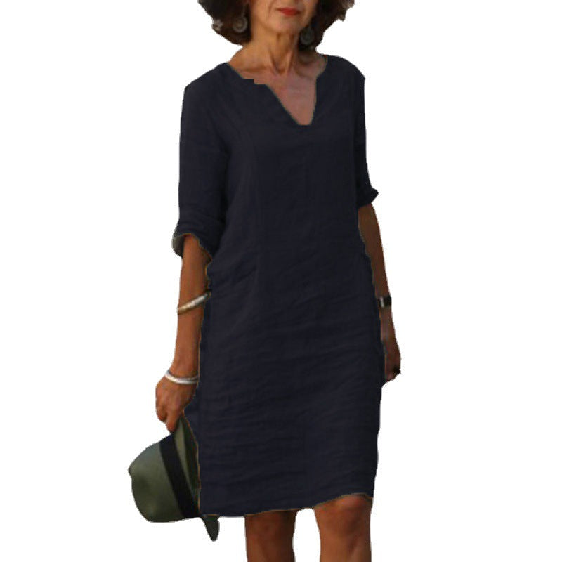 Split Neck Short Sleeve Pocket Shift Midi Dress 5